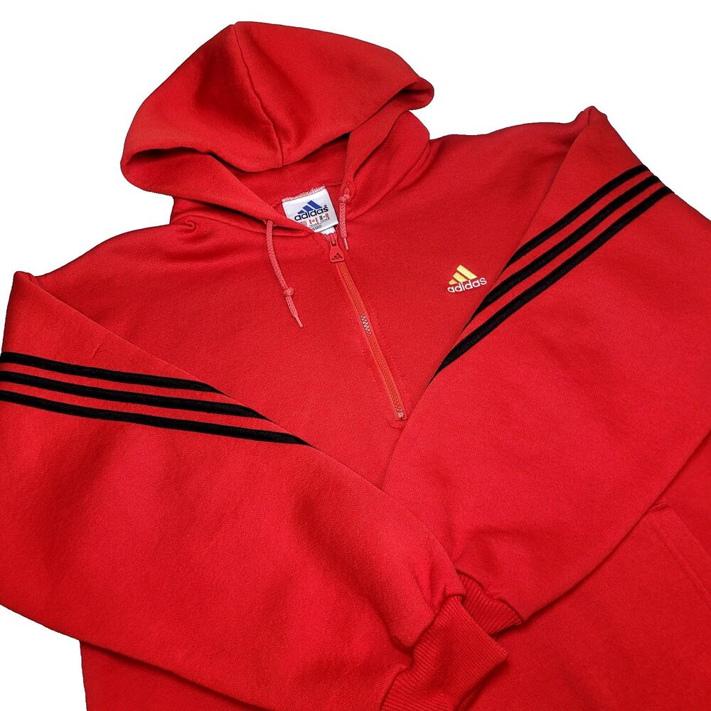 Vintage 90s Red Adidas USA Made Quarter Zip L Hoodie Embroidered Logo 3 Stripe